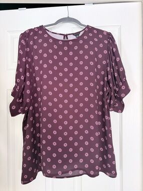 Ann Taylor Poised Plum Geo Mixed Media Blouse